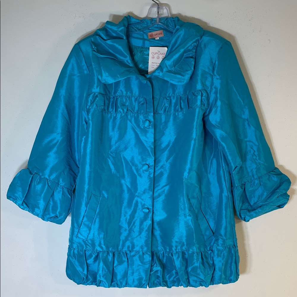 Cupcake Boho Turquoise Ruffled Satin Jacket. S. NWT.